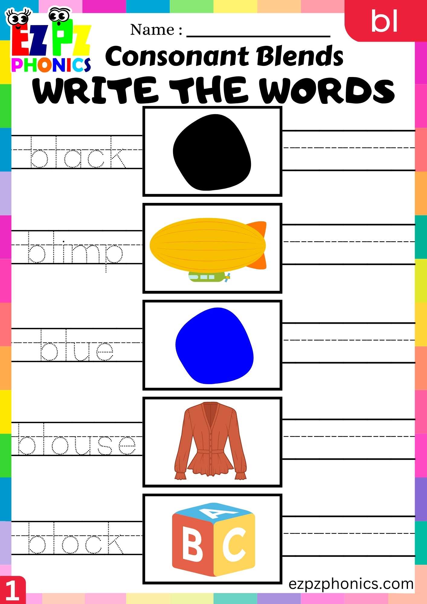 Group1 BL Words Write The Words Phonics Consonant Blends Worksheet